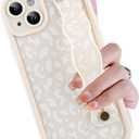 LSL Compatible with iPhone 15 Plus Case, Silicone Leopard Cheetah Phone Case for Women Girls, Wristband Kickstand Camera Protective Shockproof Slim Cover 6.7inch, White Leopard