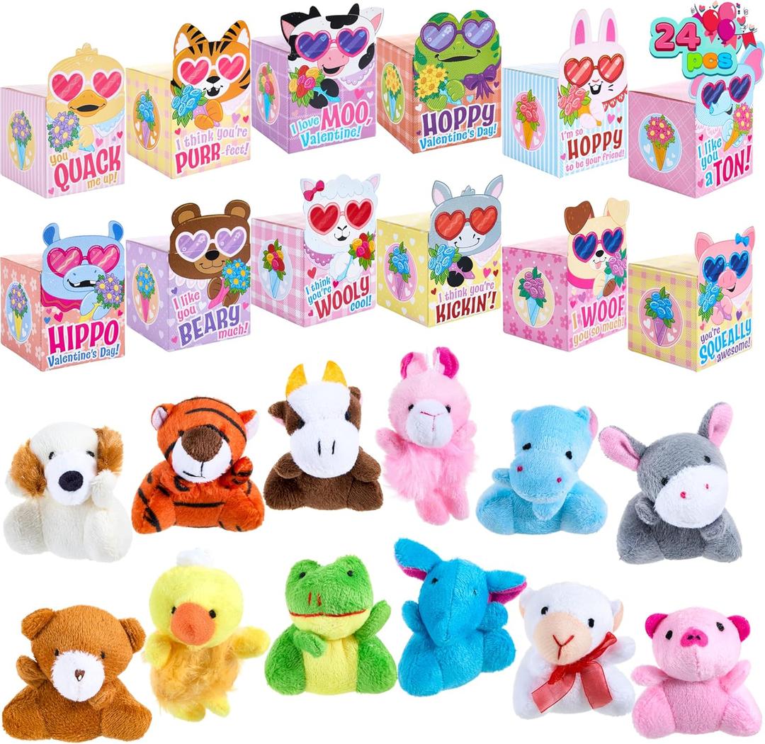 JOYIN 24 Pcs Valentine's Day Plush Toys with Boxes, Mini Stuffed Toys & Cardstock Boxes with 12 Designs, Valentines Day Kids Boys Girls Gift Classroom Prize Goodie Bag Stuffers Party Favor