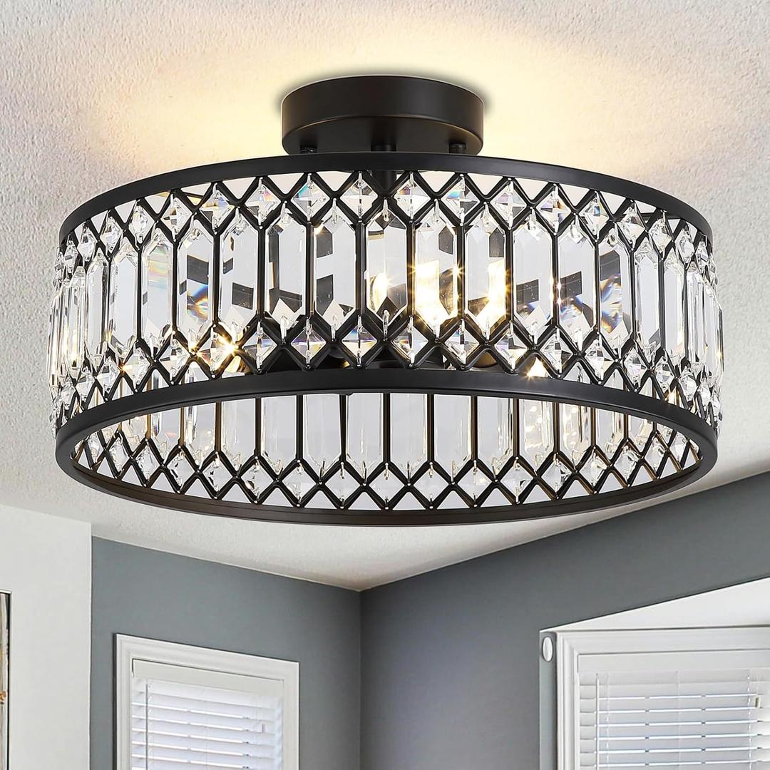 16" Black Crystal Ceiling Light, 3-Light Modern Semi Flush Mount Ceiling Light Fixture, Round Crystal Chandelier for Dining Room Bedroom Living Room Kitchen Hallway, E26 Sockets