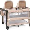 JOYMOR Twin Bassinet for Baby, Beige Bedside Bassinet, Convertible to Bedside Sleeper and Playpen, with Wheel, Brake, Foldable Side Sleeper,Beige