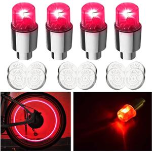 FICBOX 4 Pack LED Valve Stem Caps Lights for Car Tires Bike Truck Golf Cart Wheel Assemblies Light up Air Neon Bicycle Motorcycle Tyre Valve Lights with 12 Extra Batteries (Red)