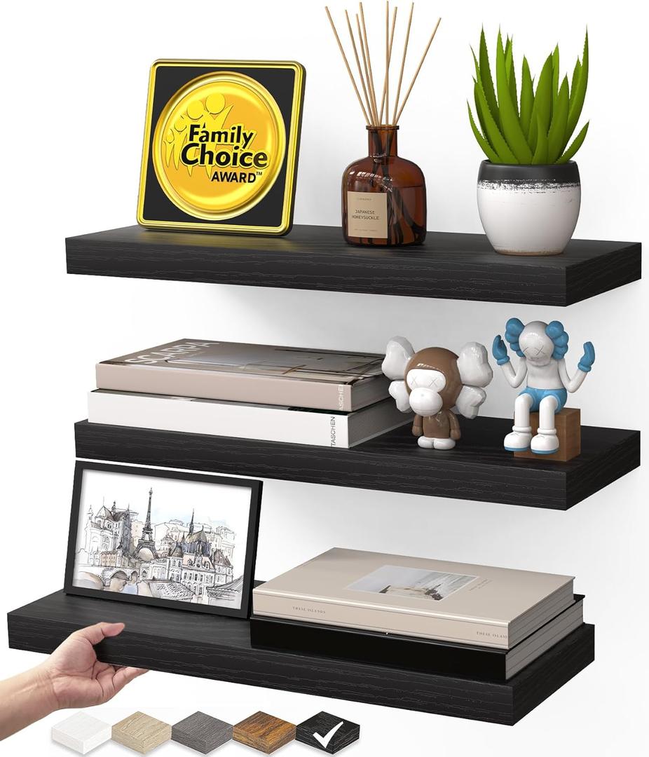 BAYKA Floating Shelves for Wall, Wall Mounted Rustic Wood Shelves for Bathroom, Bedroom, Living Room, Kitchen, Hanging Shelf for Books/Storage/Room Decor with 22lbs Capacity (Black, Set of 3, 15.7in) (A. Black - Universal Classic Style)