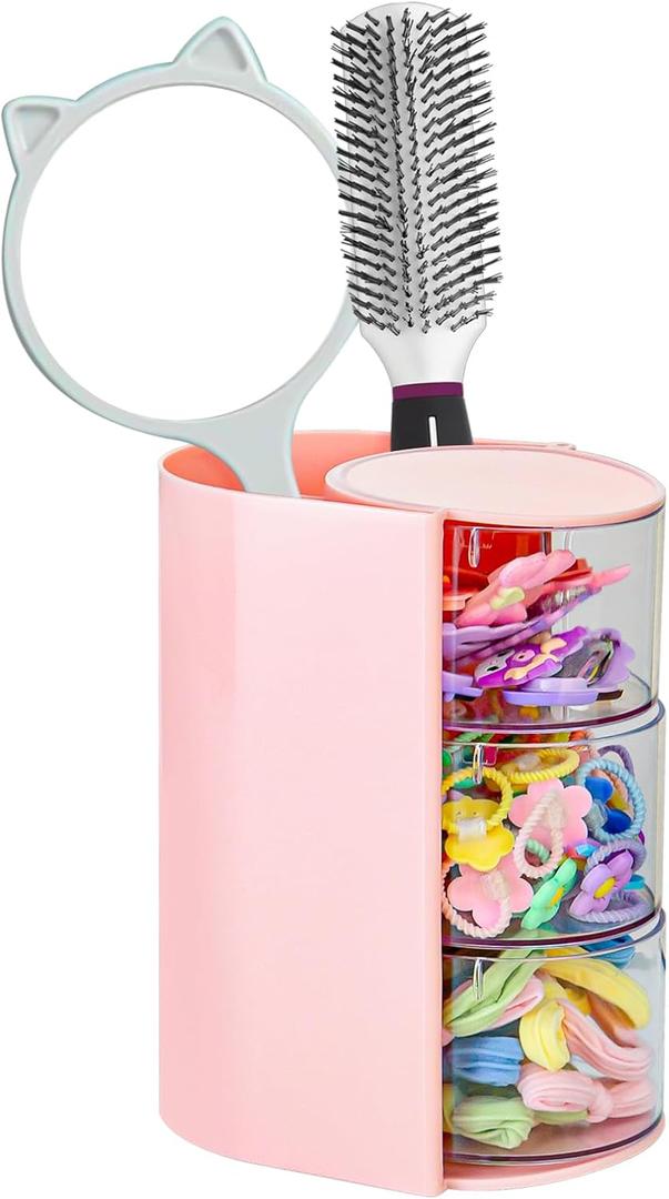 Luscinia Hair Accessories Organizer with Hair Brush Holder, Rotatable Makeup Brush and Jewelry Storage Box for Hair Clips, Earrings, Necklaces, Bracelets, Rings, and Daily Accessories (Pink, 3-Layer)