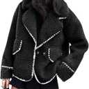 Cicy Bell Womens Sherpa Fleece Jacket Casual Collar V Neck Fuzzy Coats Contrast Trims Open Front Winter Outwear S