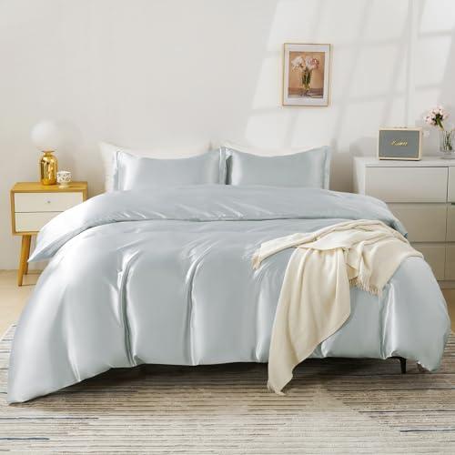 HOdo Home Satin Duvet Cover Queen Size, 3PCS Silk Like Comforter Cover, Ultra Soft and Breathable Bedding Set with Zipper Closure & Corner Ties（Light Grey）