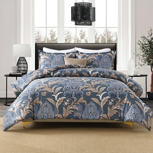 Finlonte Cotton King Size Comforter Set, Navy Paisley Bedding Set with Floral Damask Patterns, Ultra Soft Duvet Insert, Fluffy Quilted All-Season Luxury Bed Set with 2 Pillowshams, Navy Blue/Brown