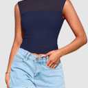 PRETTYGARDEN Women's Summer Sheer Mesh Tank Tops 2025 Trendy Casual Sleeveless Mock Neck Ruched Slim Fitted Going Out Shirts (Blue, S)