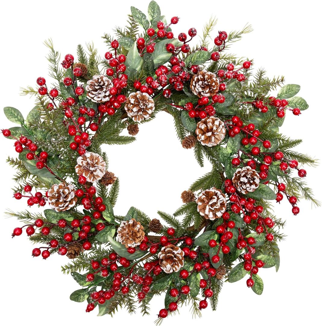 20 Inch Christmas Wreath for Front Door Snowy Winter Wreath for Christmas Decorations Artificial Door Wreath with Pine Needles Pinecones Red Berries for Wall Window Holiday Party Xmas Decor