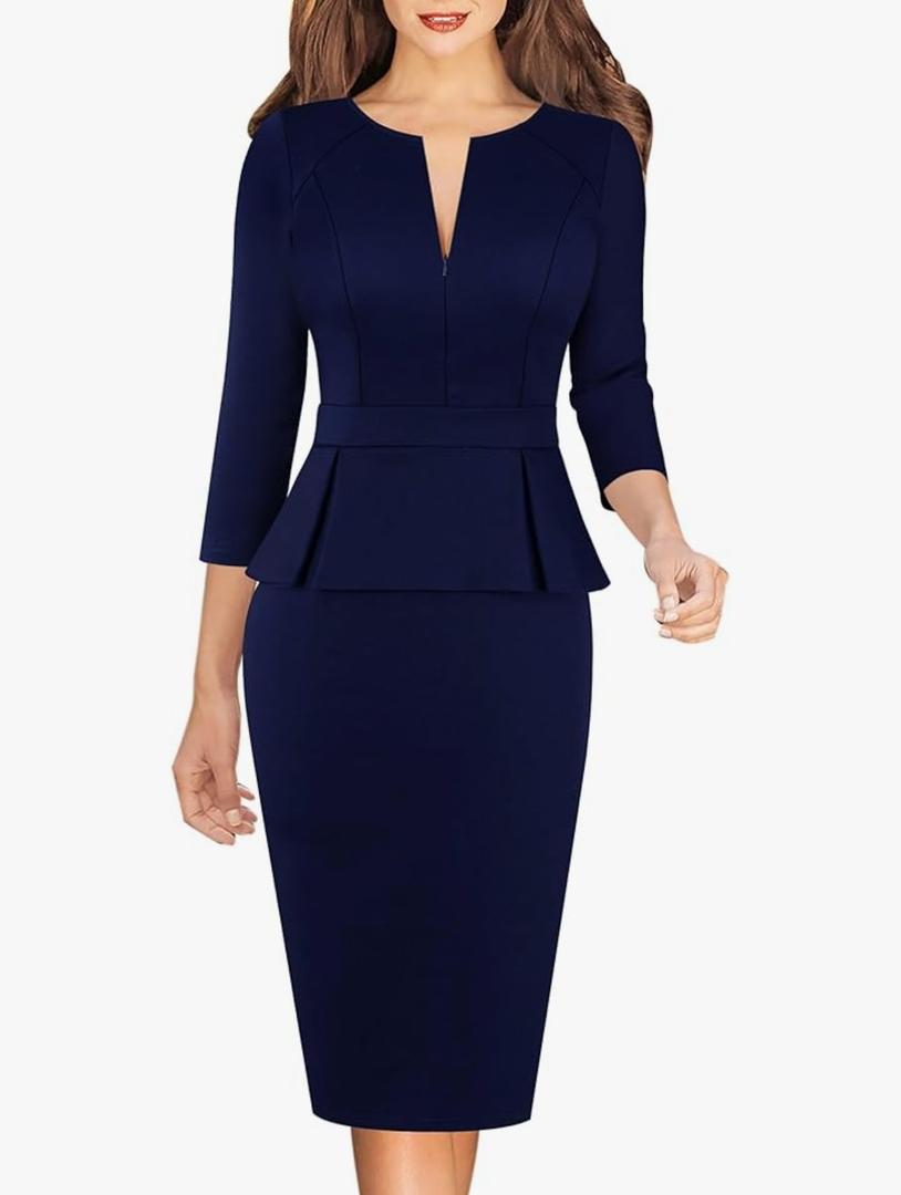 VFSHOW Womens Wear to Work Front Zipper V Neck Peplum Business Office Church Flattering Pencil Sheath Dress Size XL