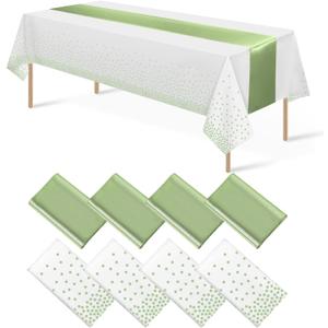 8Pack Plastic Tablecloths and Satin Table Runner Set Disposable White and Sage Green Dot Table Cloth Green Satin Table Runner for Wedding Birthday Baby Shower Anniversary Holiday Party Decorations