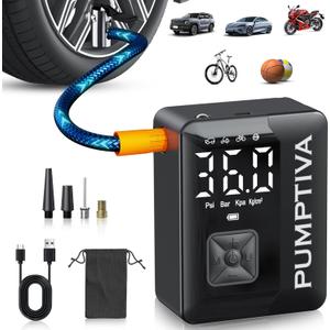 Pumptiva Tire Inflator Portable Air Compressor, 3X Faster Portable Tire Inflator for Car 150PSI Air Pump for Car Tires with LED Light, Auto Shut-Off for Motorcycle, Bicycle, Bike, Ball (Black)