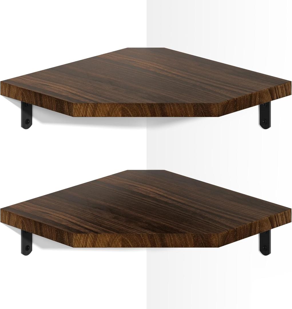 Alsonerbay Corner Shelf Wall Mount, Set of 2 Floating Corner Shelves with Cord Hole, Rustic Wood Shelves for TV, Speaker, Cable Box, Game Console for Bedroom Living Room Kitchen, Carbonized Black