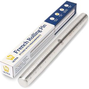 Ultra Cuisine French Rolling Pin for Baking  Tapered Stainless Steel Design with Measurements, Professional or Home Use with Pizza, Cookie, & Pastry Dough, or Fondant and Pie Crust  Dishwasher-Safe
