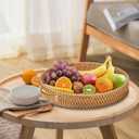 Round Rattan Serving Tray with Handles,2 Hand Woven Basket, Home Decor Organizer Tray for Breakfast, Tea, Snack, Fruit, Coffee, Storage (Large + Medium)(14.17inchX2.3inch+11.9inchX1.7inch