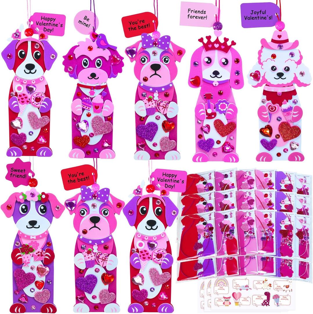 2 x Winlyn 24 Sets Valentine's Day Dog Ornaments Decorations DIY Valentine Puppy Craft Kits Foam Bookmark with Heart Dog Valentine Stickers for Kids School Classroom Activities Party Favors Gift Exchange
