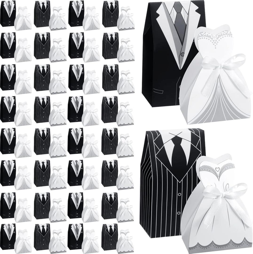 Thenshop 200 Pcs Wedding Favor Boxes  Wedding Party Favor Boxes Bride and Groom Favors Box Creative Treat Bags Bulk Dress Tuxedo Chocolate Candy Gift Box with Ribbon for Guest Bridal Shower Supplies