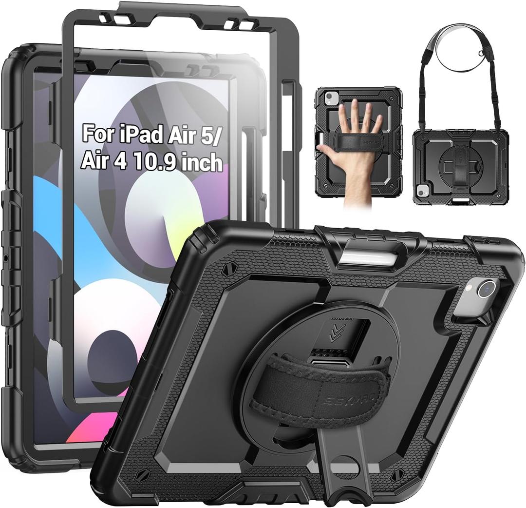 SEYMAC Case for iPad Air 5th/ 4th Generation 10.9 Inch, Full-Body Shockproof Protective Case with Screen Protector, Rotating Stand/Handle/Shoulder Strap/Pencil Holder for iPad Air 5/ Air 4, Black
