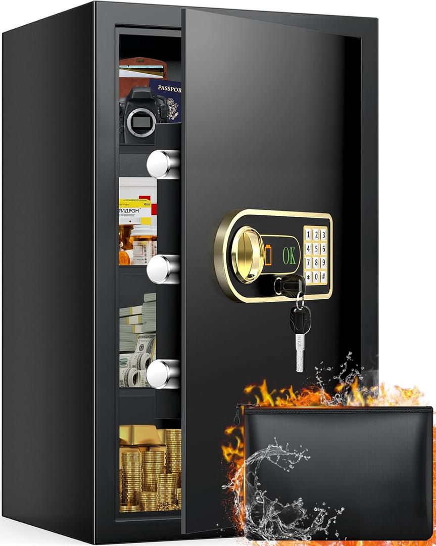 Large Safe Box, 6.0 Cuft Safe with Fireproof Waterproof Bag, Electronic Keypad, Spare Keys, Smart Alert System and 3 Removable Shelves, Document Safes for Home, Money, Cash, Jewelry, Valuables