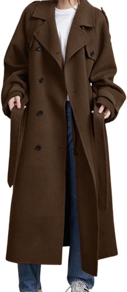 chouyatou Women's Winter Double Breasted Wool Coat Long Sleeve Notch Lapel Midi Long Winter Trench Coat with Belt (Brown, S)
