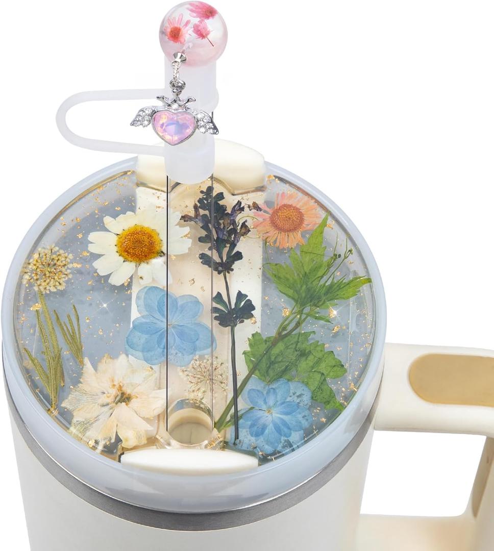 Used for Stanley Cup Lid Accessories Charms, Dried Flower Lid Charms for Stanley Cups H2.0 Accessories 30oz 40oz with Silicone Straw Cover Cap for Tumblers