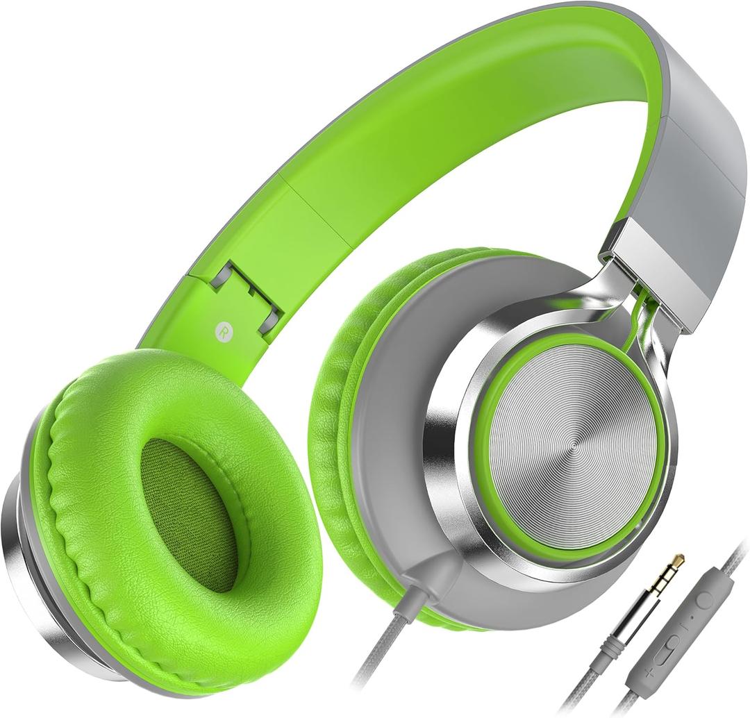 AILIHEN C8 Headphones Wired, On-Ear Headphones with Microphone and Volume Control, Corded 3.5mm Headset for Boys Girl School Smartphones Chromebook Laptop Computer Tablets Airplane Travel (Grey/Green) (Medium)