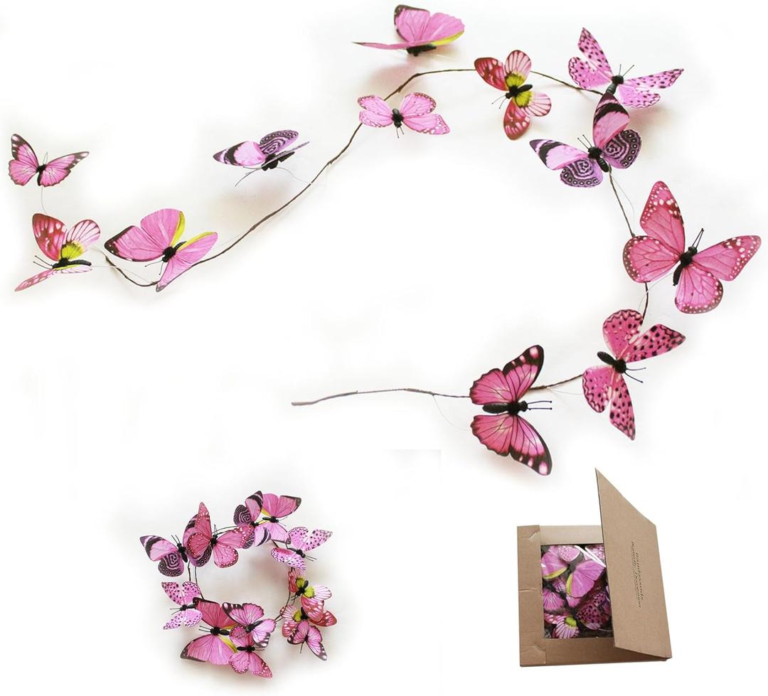 Artificial Butterfly Garland, Fake Butterfly Decorative Vines, DIY 3D Unique Butterfly Hanging Decor for Home Wall Easter Spring Flowers Party Wedding Arch Shopping (Bright Pink)