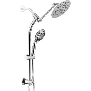 Rainfall 8 Inch Round Shower Head with High Pressure Handheld Spray Combo, Drill-Free Slide Bar with Adjustable Shower Extension Arm, 3-Way Low Diverter for Easy Reach, 5Ft Hose- Chrome