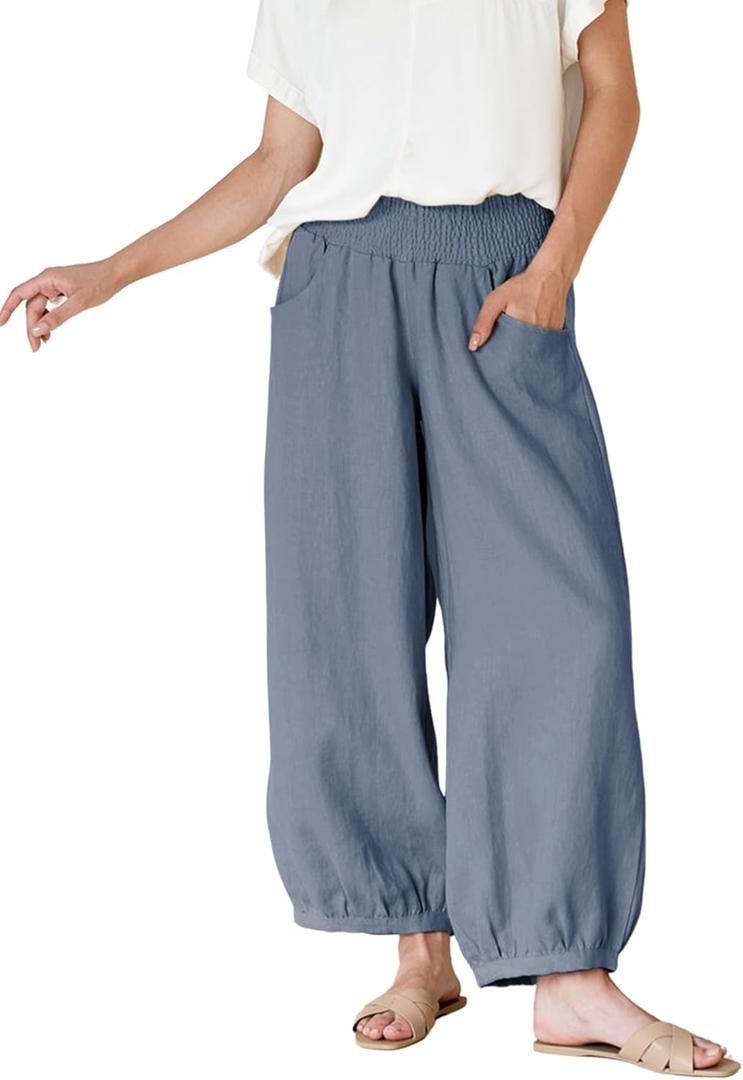 Xiaoxuemeng Womens Wide Leg Pants Cotton Linen Barrel Pants Elastic Waisted Lounge Trousers with Pockets (Blue, XS)