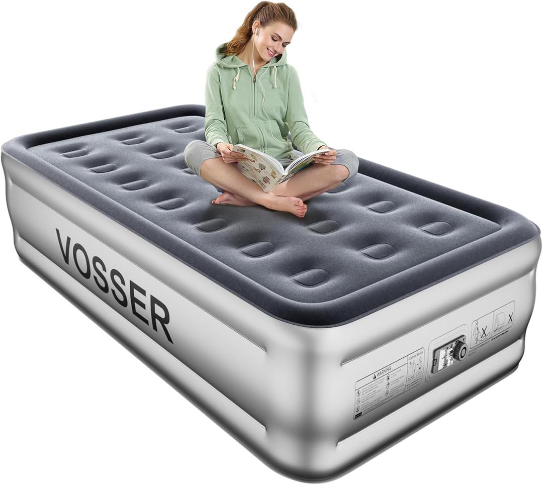 Twin Air Mattress with Built in Pump,18 Raised Blow Up Mattress,Inflatable Mattress in 2 Mins,Single Twin Size Air Mattress for Camping,Floor&Travel, Air Bed for Adults,330LB Max (Silver)