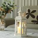 JHY DESIGN Decorative Candle lantern-10inch High Vintage Style Hanging Lantern Metal Candleholder for Indoor Outdoor Events Parities and Weddings (White with Gold Brush)
