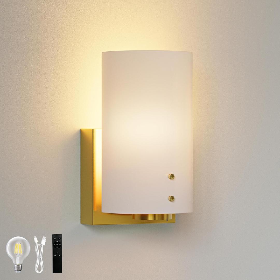 Morauroral Gold Modern Battery Operated Wall Sconce, Rechargeable Wall Sconce with Dimmable Remote, Indoor Wall Lights Warm Light for Living Room Bedroom with White Shade (Bulbs Included)