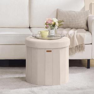 SONGMICS Mazie Collection - Round Storage Ottoman, Folding Footrest Stool with Removable Lid, Easy Assembly, Velvet Vanity Stool for Bedroom, Living Room, Entryway, Cappuccino Beige ULSF608L01