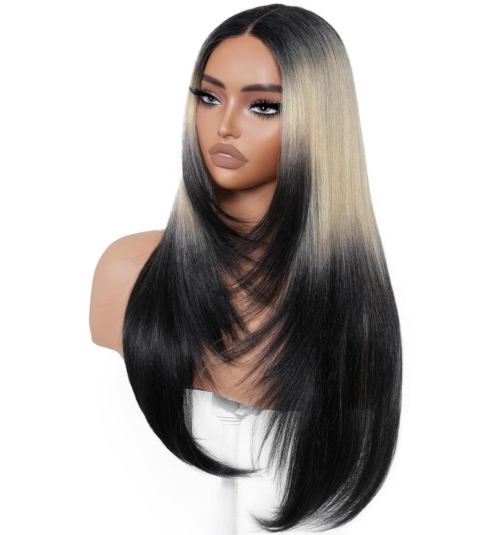Ombre Blonde Black Wear and Go Glueless Wigs Pre Plucked Pre Cut for Beginners Synthetic Lace Front Wigs With Bangs Long layered Straight Dark Roots 26 Inch 3 Seconds to Wear for Beginners