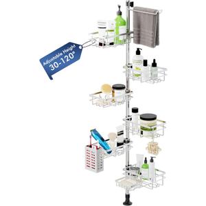 Shower Caddy Corner Tension Pole,Stainless Steel Shelves Bathroom Organizer | Rustproof 6-Tire Shelf, Adjustable 30-120 Inch Storage, Towel Bar & Soap Dish & Toothbrush Holder Rack