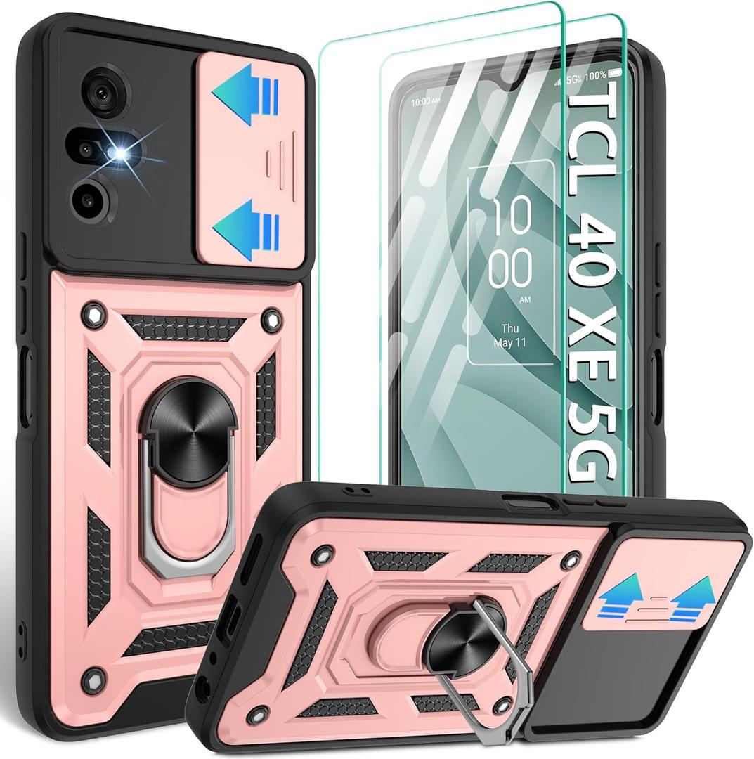 Gritup Compatible with TCL 40 XE 5G Phone Case,TCL 40 XE 5G Case Screen Protector[2 Pcs] with Slide Camera Cover, 360Rotation Ring Kickstand [Military Grade] Case for TCL 40 XE,Rose Gold