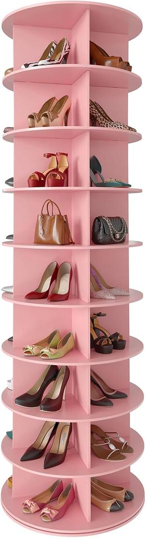 SpaceAid 9 Tier Rotating Shoe Rack Tower, Spinning Shoe Display Lazy Susan, Revolving 360 Shoe Rack Storage Round Carousel, Vertical Handbag Rotate Shoes Closet Organization (9-Tier Pink)