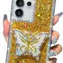 Cute Compatible with Samsung Galaxy S23 Ultra 6.8 inch Girly Case, Bling Glitter Diamond Butterfly Kickstand Case, Soft Silicone Cases for Women(Gold)