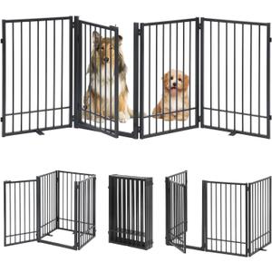 Metal Freestanding Dog Gate with Door, Extra Wide 81", 31" Height Foldable Dog Gates for Doorways, Tall Pet Fence Indoor Pet Gates, 4 Panels Pet Barrier for Stairs Hallways, Black
