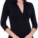 AmélieBoutik Women Collared V Neck 3/4 Sleeve Polo Shirt Small