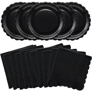 100Pcs Black Paper Plates and Napkins Set - Disposable Party Tableware for Graduation Birthday Wedding