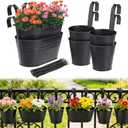 MADHOLLY 6Pcs Railing Planter with Drainage - 10.8" & 5.1" Bucket Pots for Balcony Railing, Metal Iron Hanging Flower Pots for Herb Planter Outdoor Deck & Rail Decor with Hook, Black