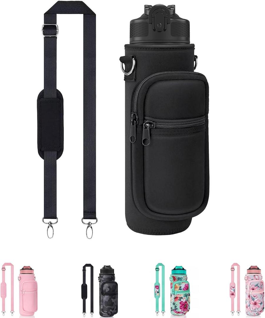Water Bottle Holder with Strap, Insulated Crossbody Sling Bag, Carrier with Phone Pocket for Walking Hiking Camping Fishing (32oz Long, Black 02)
