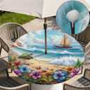 Round Outdoor Tablecloth with Umbrella Hole, Zippered Fitted Tablecloth with Elastic Edge, Waterproof Table Cloth Cover for Picnic Party Fits 37"-44" Round Table, Sea Turtle