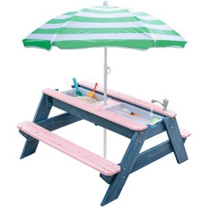 Kids 3-in-1 Sand & Water Table, Wood Outdoor Convertible Picnic Table with Umbrella, 2 Trays, Removable Top with Faucet, Picnic for Outdoor (Pink/Green)
