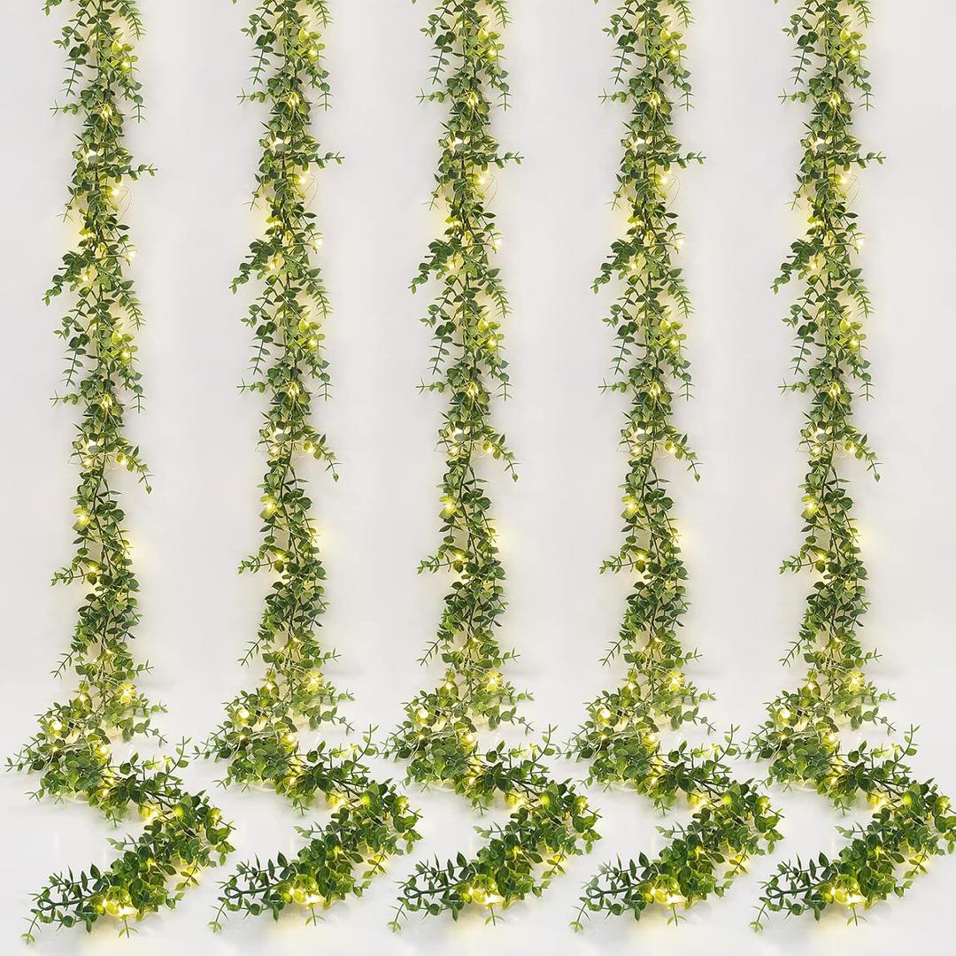 Dolicer 5 Packs Eucalyptus Garland with LED Lights String, 30Ft Faux Eucalyptus Greenery Garland, Artificial Hanging Green Eucalyptus Leaves Vine Wedding Backdrop Arch Wall Table Decor (Grey Green)