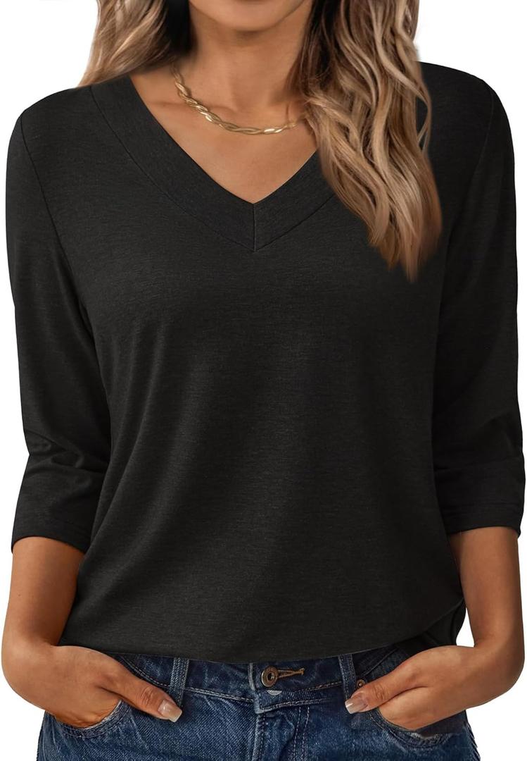 3/4 Length Sleeve Womens Tops V Neck Casual Tunic Loose Fit Basic Shirts Trendy Tops for Women 2026 (X-Large, Black)