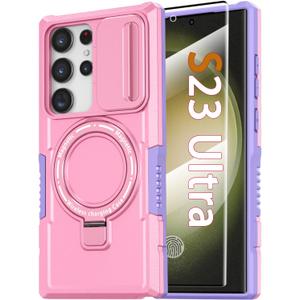 Magnetic Case for Samsung Galaxy S23 Ultra, with Ring Stand [Screen Protector] [Compatible with MagSafe] Military Grade Case with Camera Cover, Heavy Duty Shockproof Cover for Samsung S23 Ultra, Pink (Mag Pink)