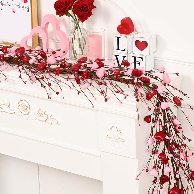 2 Pcs Valentine's Day Decor, 6 Ft Valentine's Day Garland for Mantel, Valentines Day Centerpiece for Table, Red Pink Heart Garland, Valentines Day Decorations for Spring Wedding Fireplace Table Décor