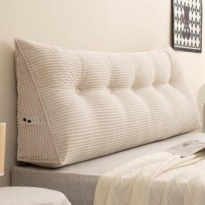Twin Wedge Pillow Headboard College Dorm Bed Backrest Triangular Headboard Pillows with Side Pocket Dorm Bed Cushion, Cream White