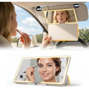 Car Sun Vanity Mirror with Protective Cover, LED Visor Makeup Mirror with 3 Light Modes, Rechargeable Dimmable Touch Large Clear View for Daily Commute & Road Trips, Universal for Car Truck SUV
